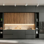 Large kitchen with appliances and modern design. render